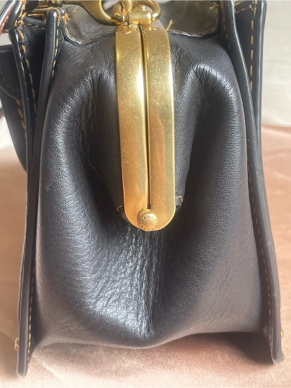 Coach 1941 Dreamer 21 Signature Frame Kiss Lock Satchel in Brown and Black